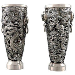 Antique Luen Wo, Shanghai, a Pair of Dragon Vases in Silver, circa 1900