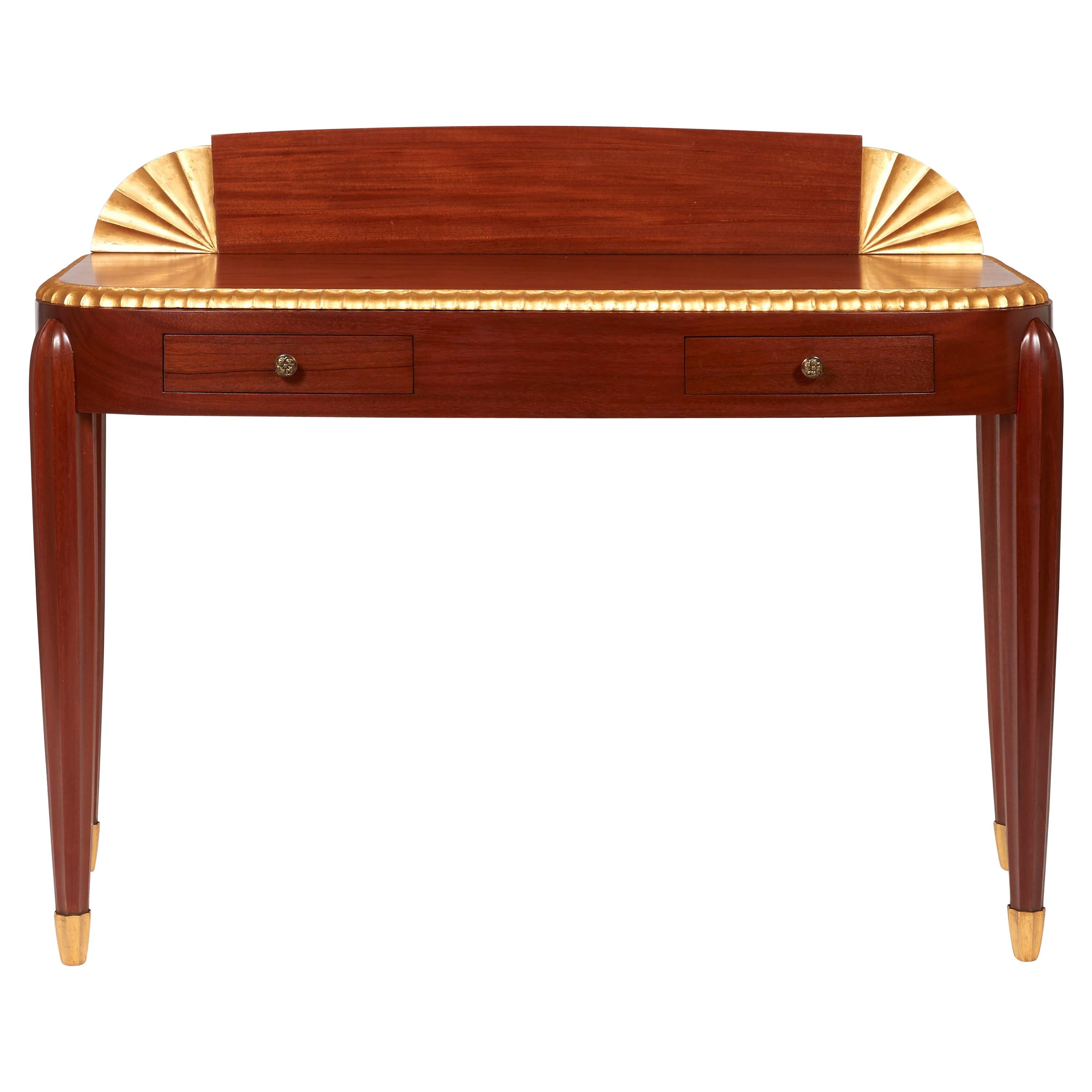 Jules Leleu, Lady's Writing Desk in Mahogany Wood and Golden Leaves, circa 1925