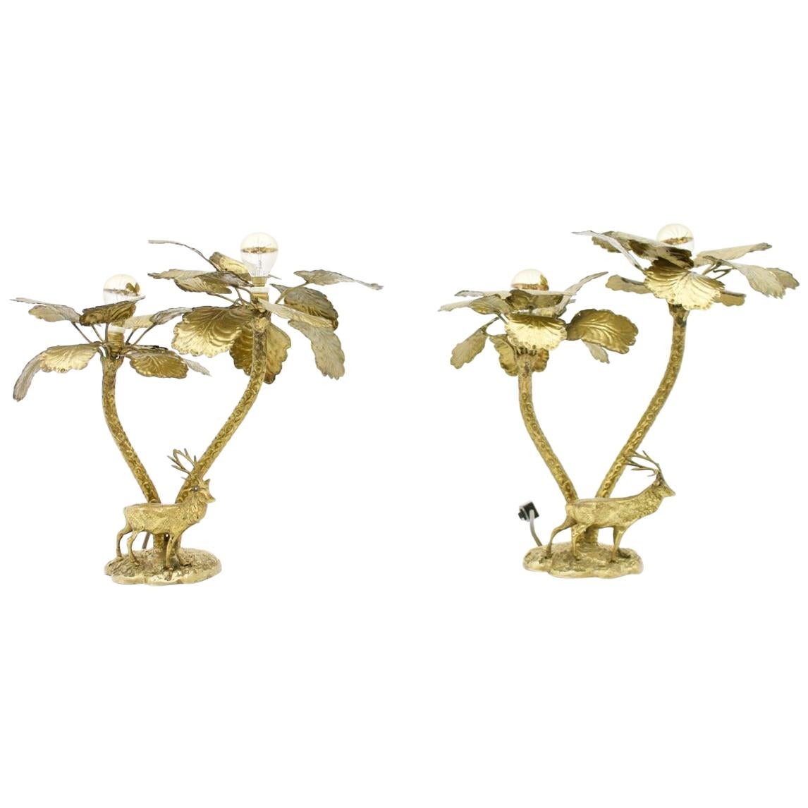 Pair of Palm Tree Brass Tables Lamps with a Deer, 1970s