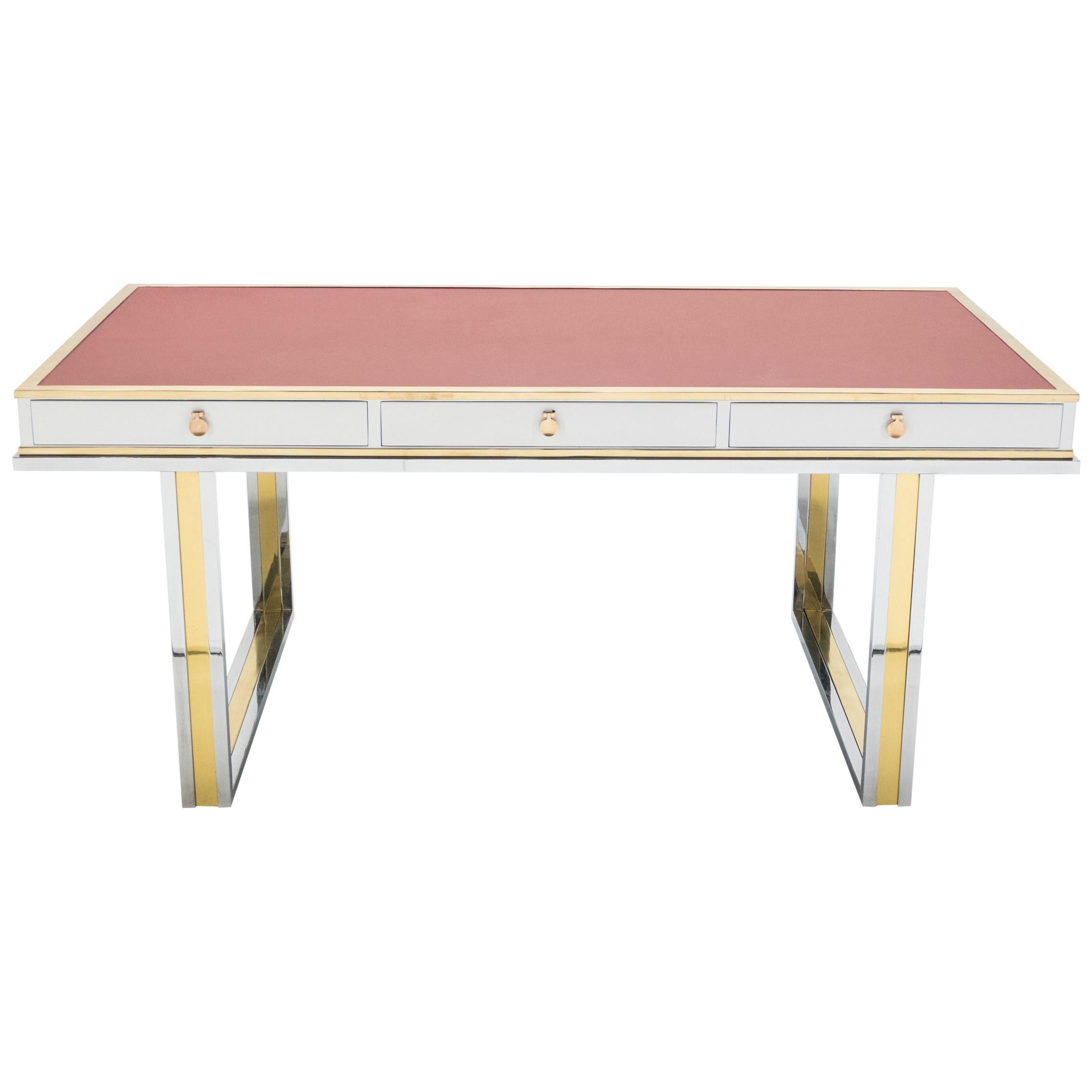 Unique French Desk White Lacquer Brass Red Leather by Atelier La Boetie, 1974