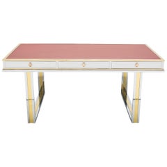 Unique French Desk White Lacquer Brass Red Leather by Atelier La Boetie, 1974