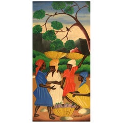 Loccas Joseph, Haitian Artist, Naivist School, Oil on Board, 1974 Town Women