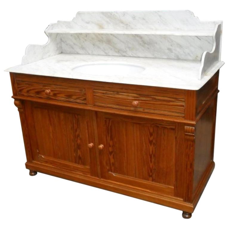 19th Century French Pitch Pine Cupboard Sink with Carrara Marble Top, 1890s