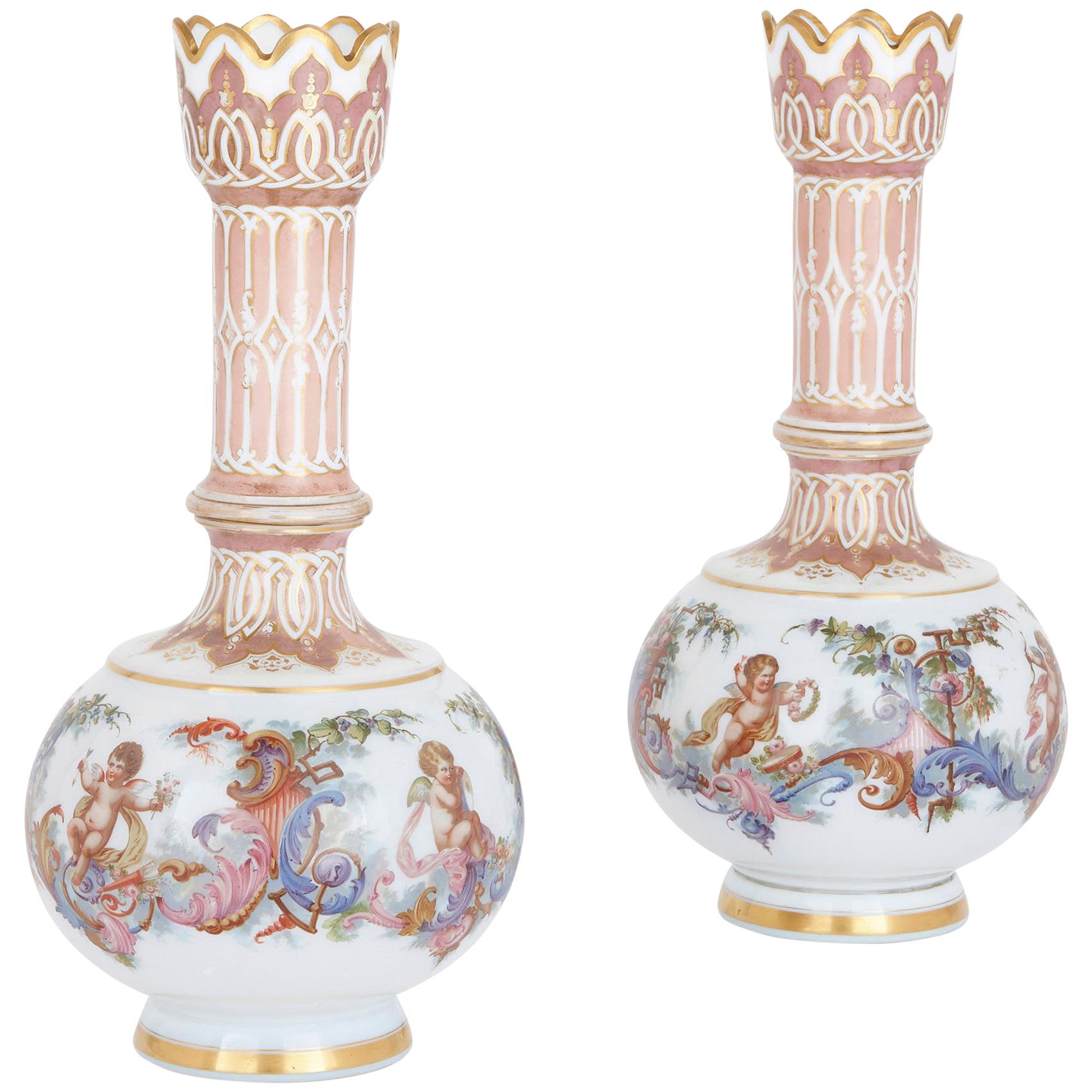 Two Bohemian Opaline Glass Vases with Painted Cherub Scenes For Sale