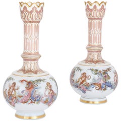 Two Bohemian Opaline Glass Vases with Painted Cherub Scenes
