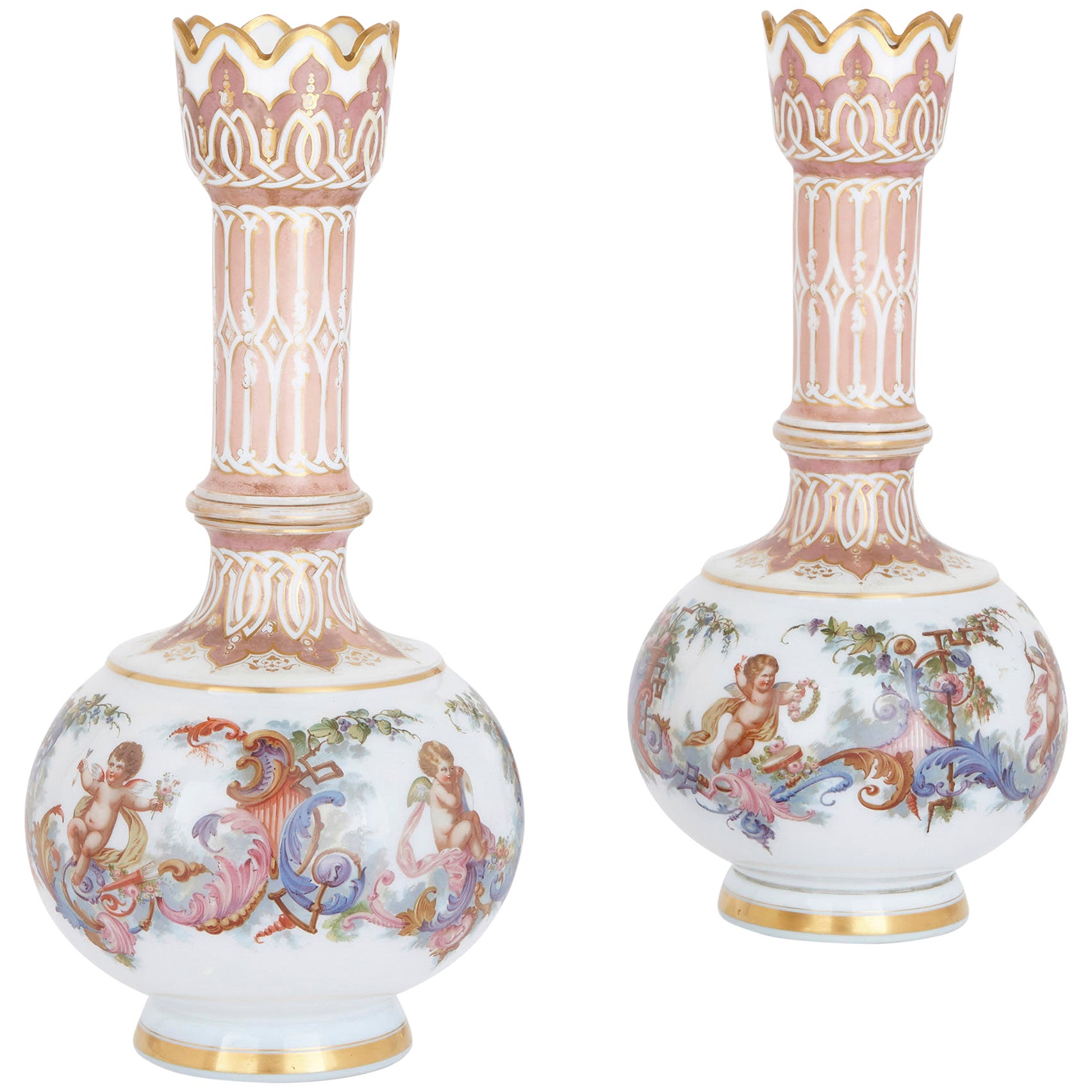 Pair of Bohemian Glass Vases on Stand with Painted Enamel Scene