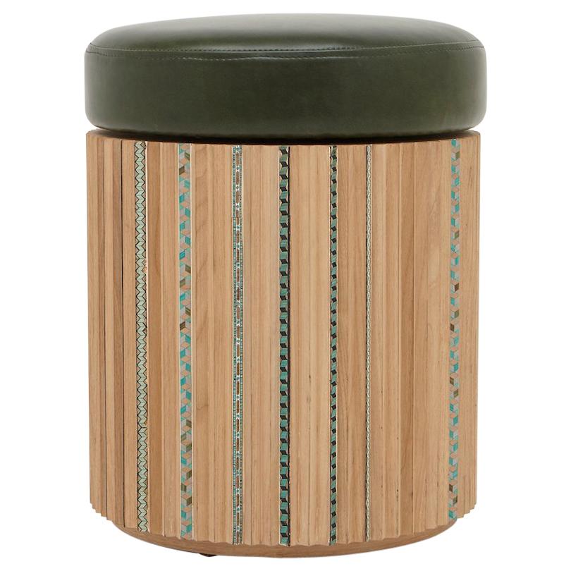 Funquetry Pleated Stool in oak with traditional marquetry patterns. Leather seat For Sale