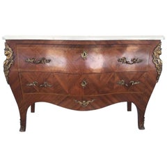 20th Century French Louis XV Marble-Top Bombe Chest or Commode with Two Drawers