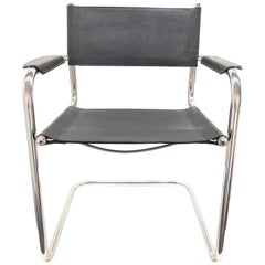 Black Leather Chrome Plated Tubular Steel Cantilever Style Chair German, 1970s