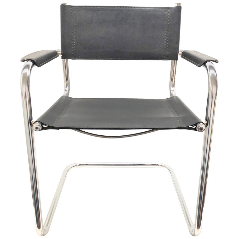 Black Leather Chrome Plated Tubular Steel Cantilever Style Chair German