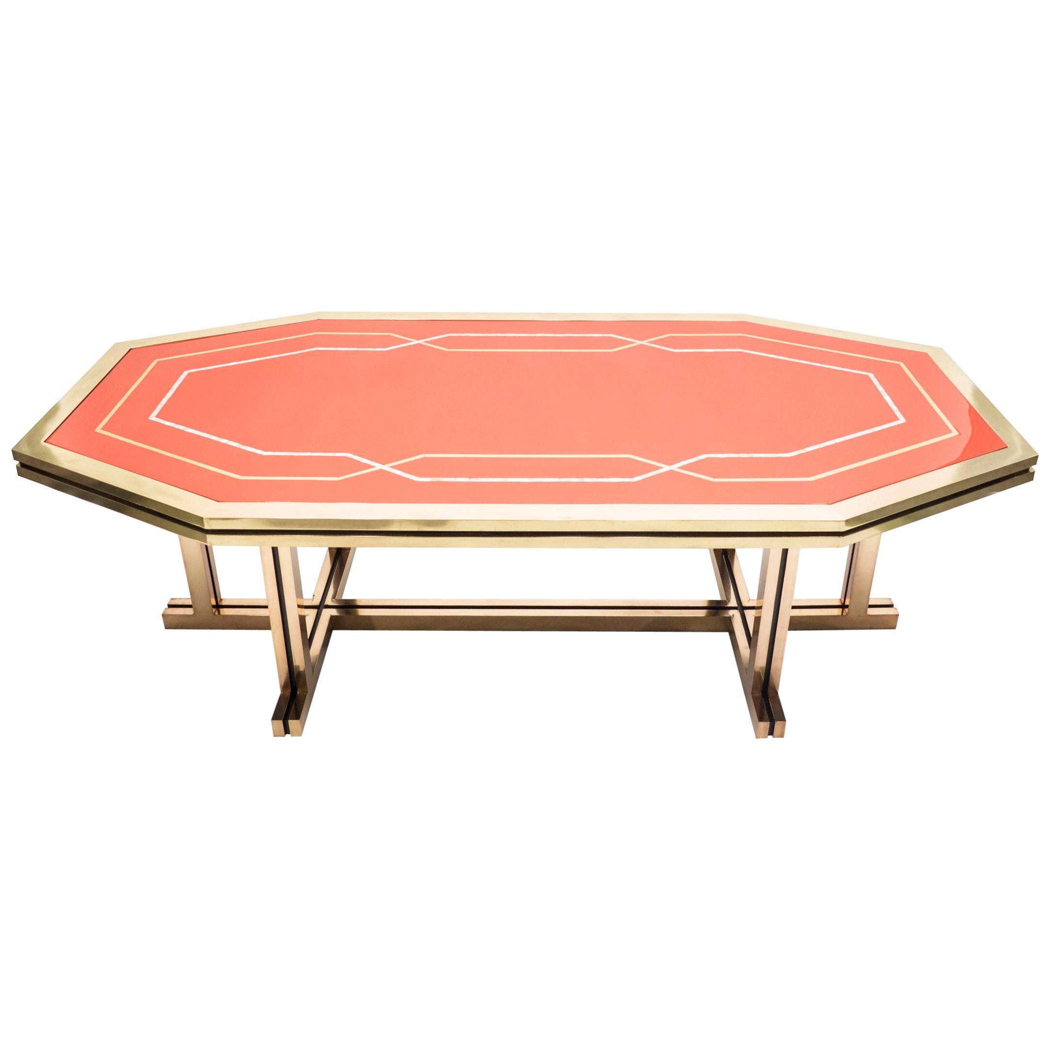 Unique Red Lacquer and Brass Maison Jansen Dining Table, 1970s