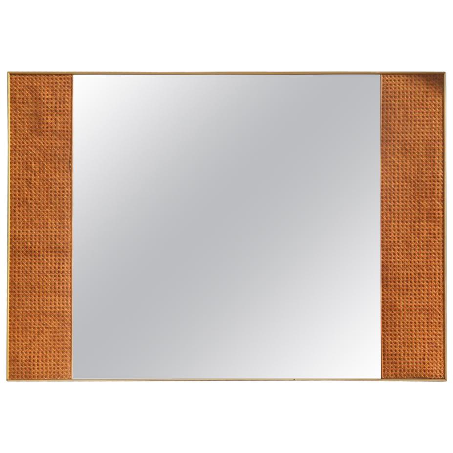 Rectangular Italian Mirror with Vienna Straw 1950s Design Golden Aluminum Frame