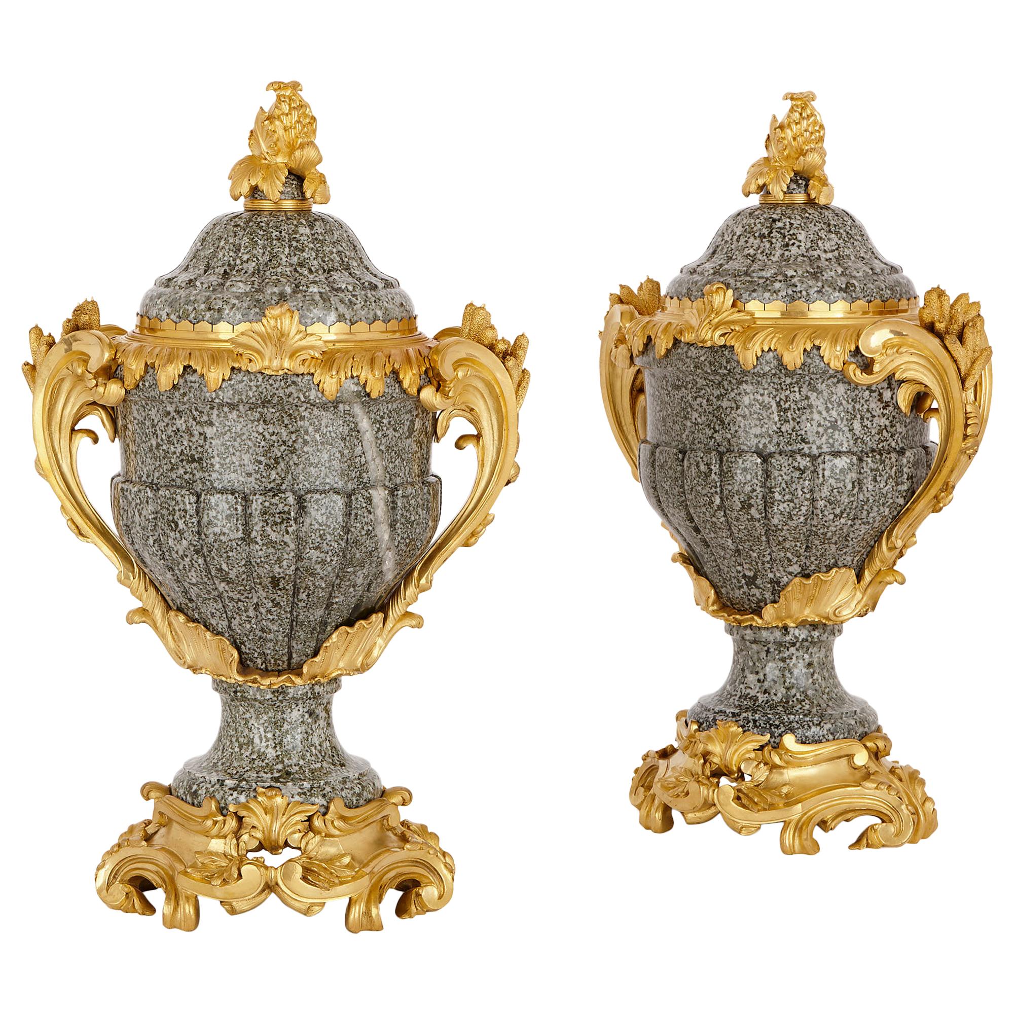 Two Louis XV Style Grey Marble and Gilt Bronze Vases