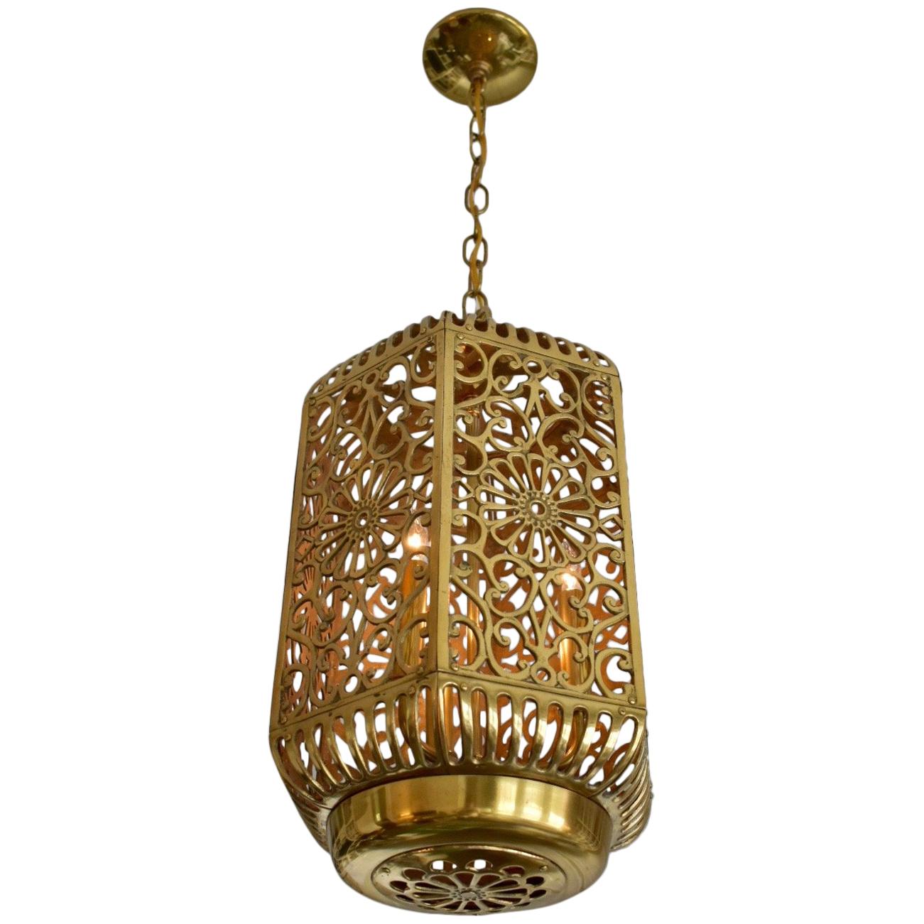 Large Pierced Karakusa Brass Japanese Asian Ceiling Pendant Light For Sale