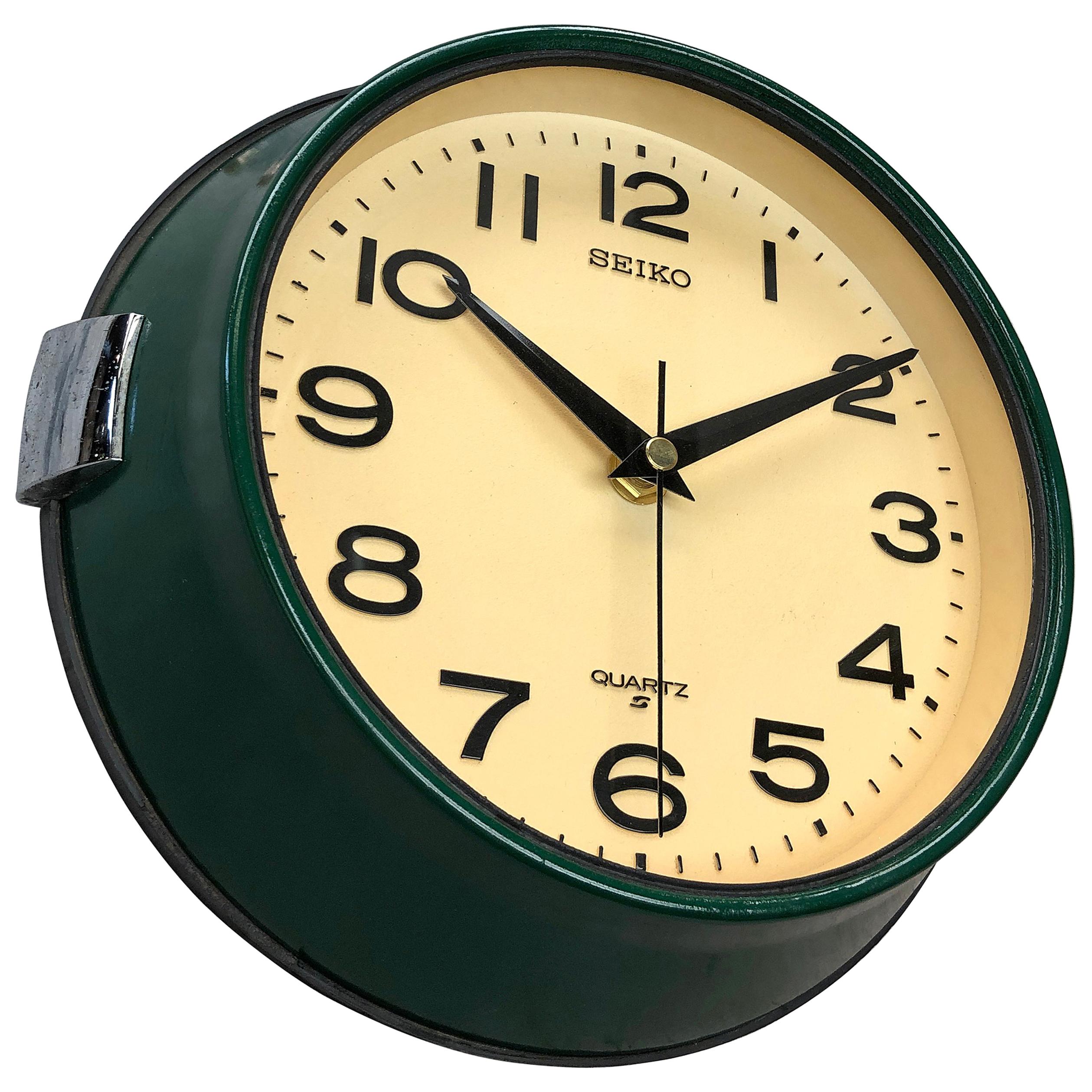 1960s Dark Green Retro Seiko Vintage Industrial Antique Steel Quartz Wall Clock