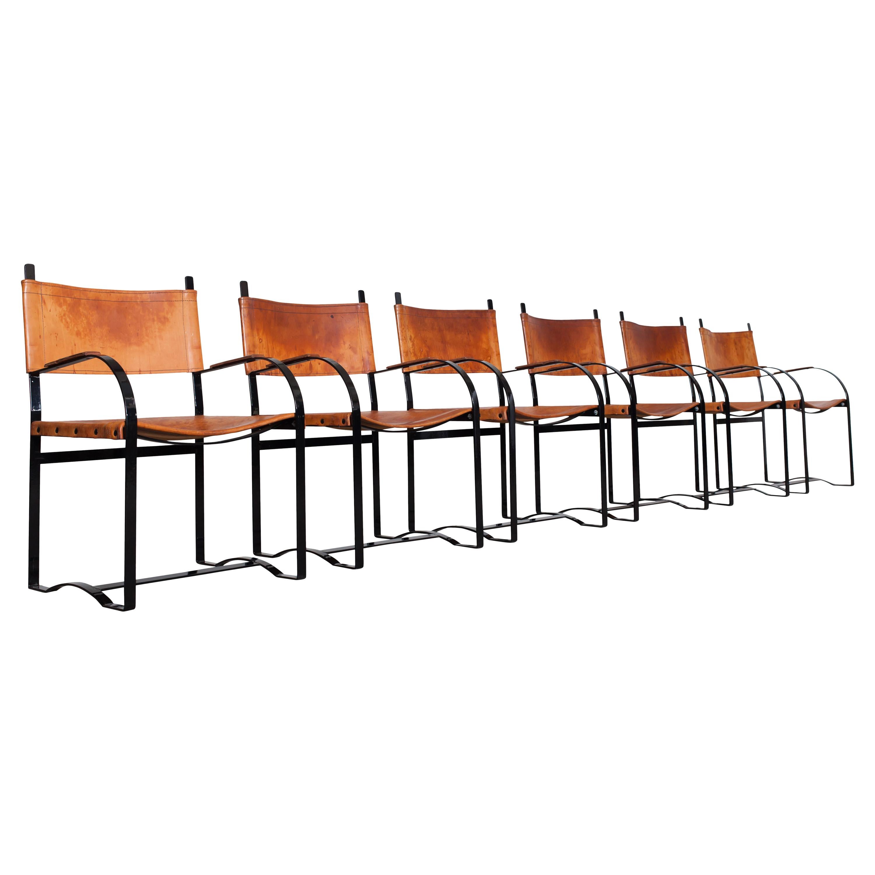 Scandinavian Modern Cognac Leather Dining Chairs Hunting Cabinet Style