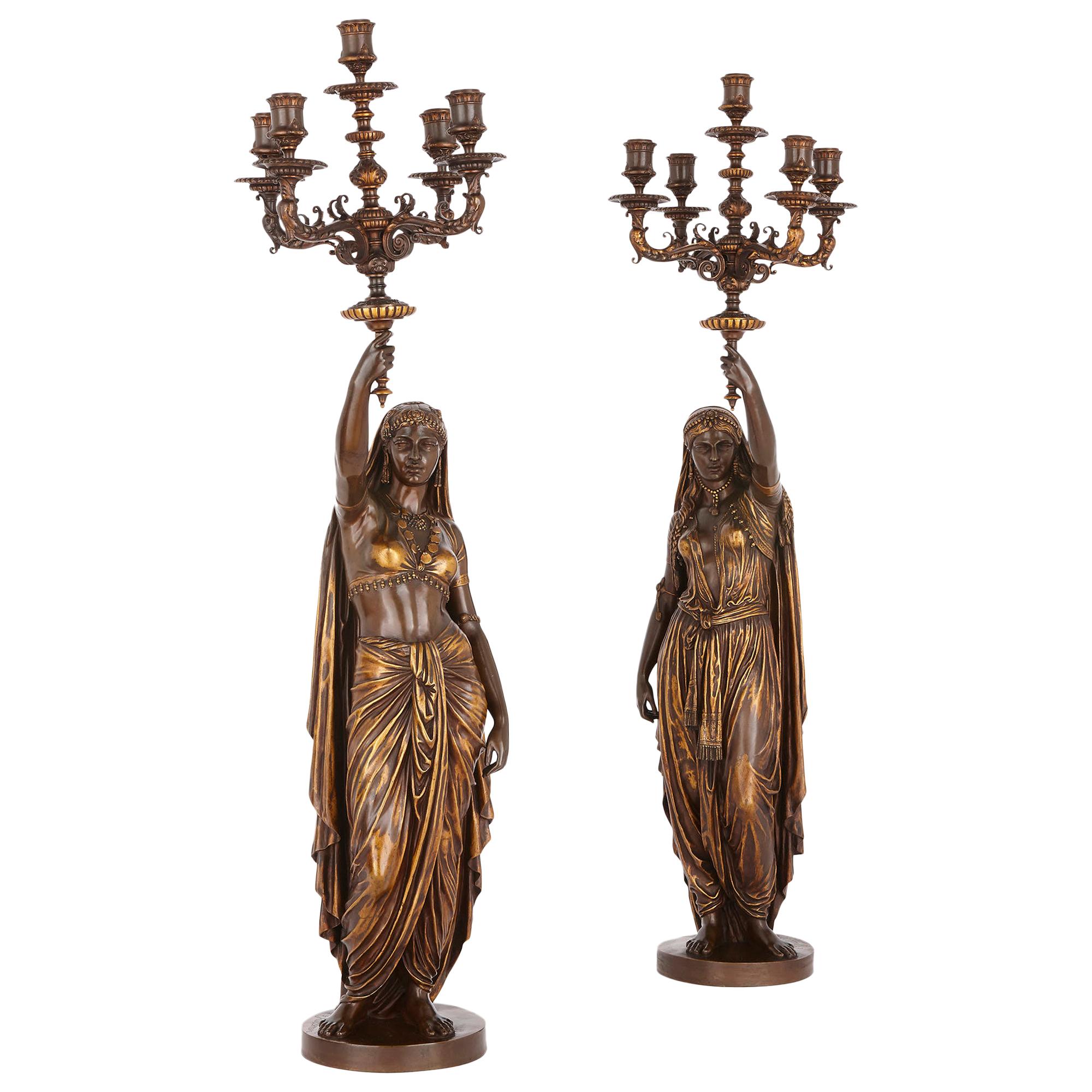 Two Orientalist Patinated and Gilt Bronze Figural Torchères by Barbedienne For Sale