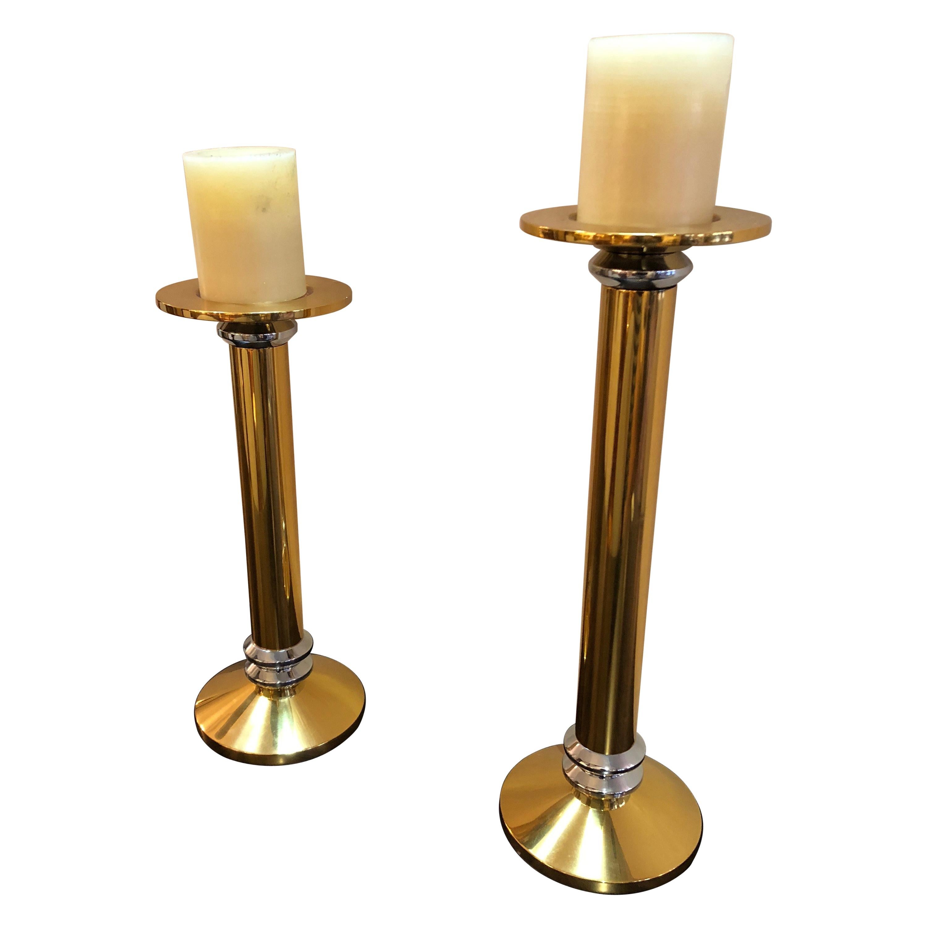 Chunky Brass and Chrome Karl Springer Style Mid-Century Modern Candlesticks Pair