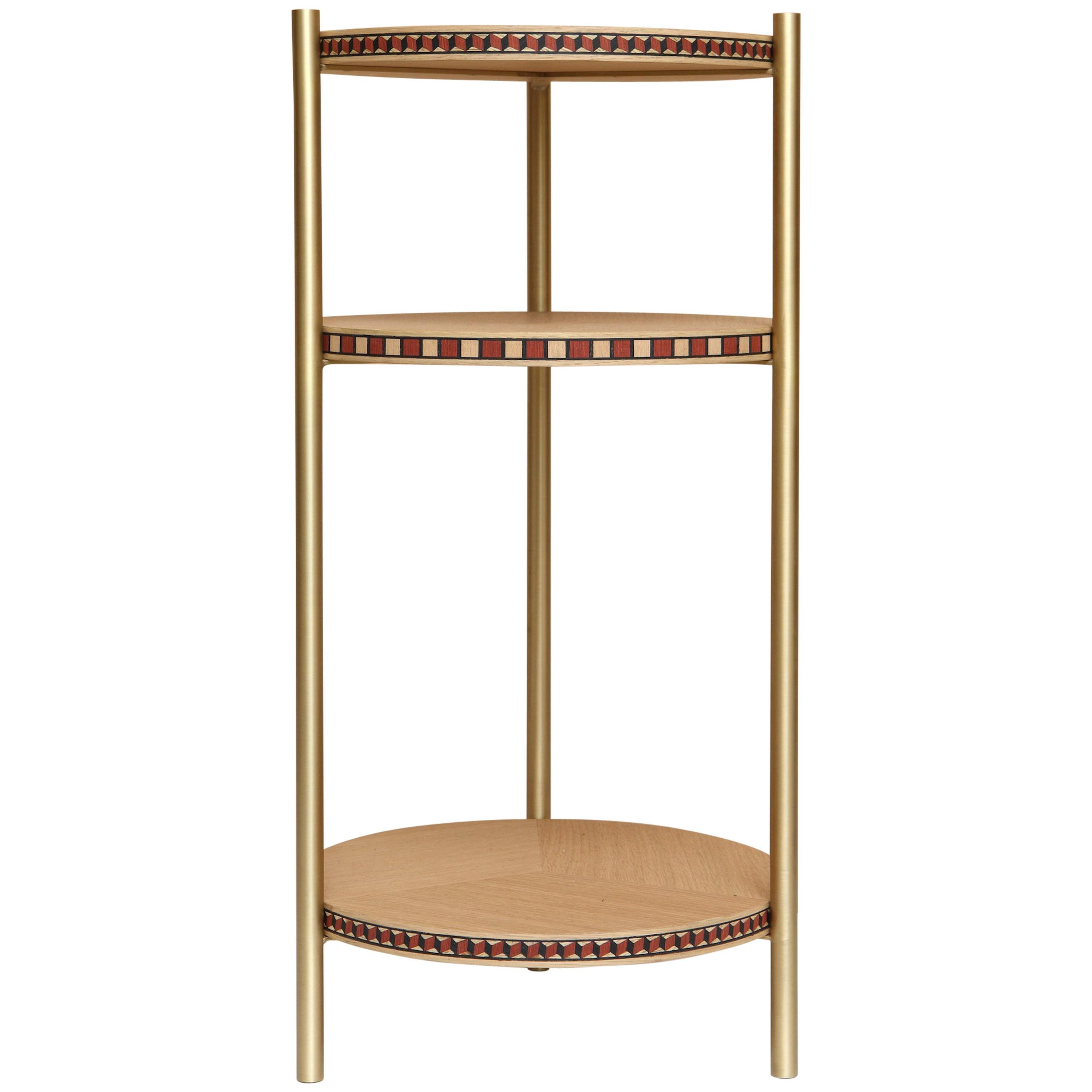Funquetry Contour Table in oak and brass with Middle Eastern marquetry patterns For Sale