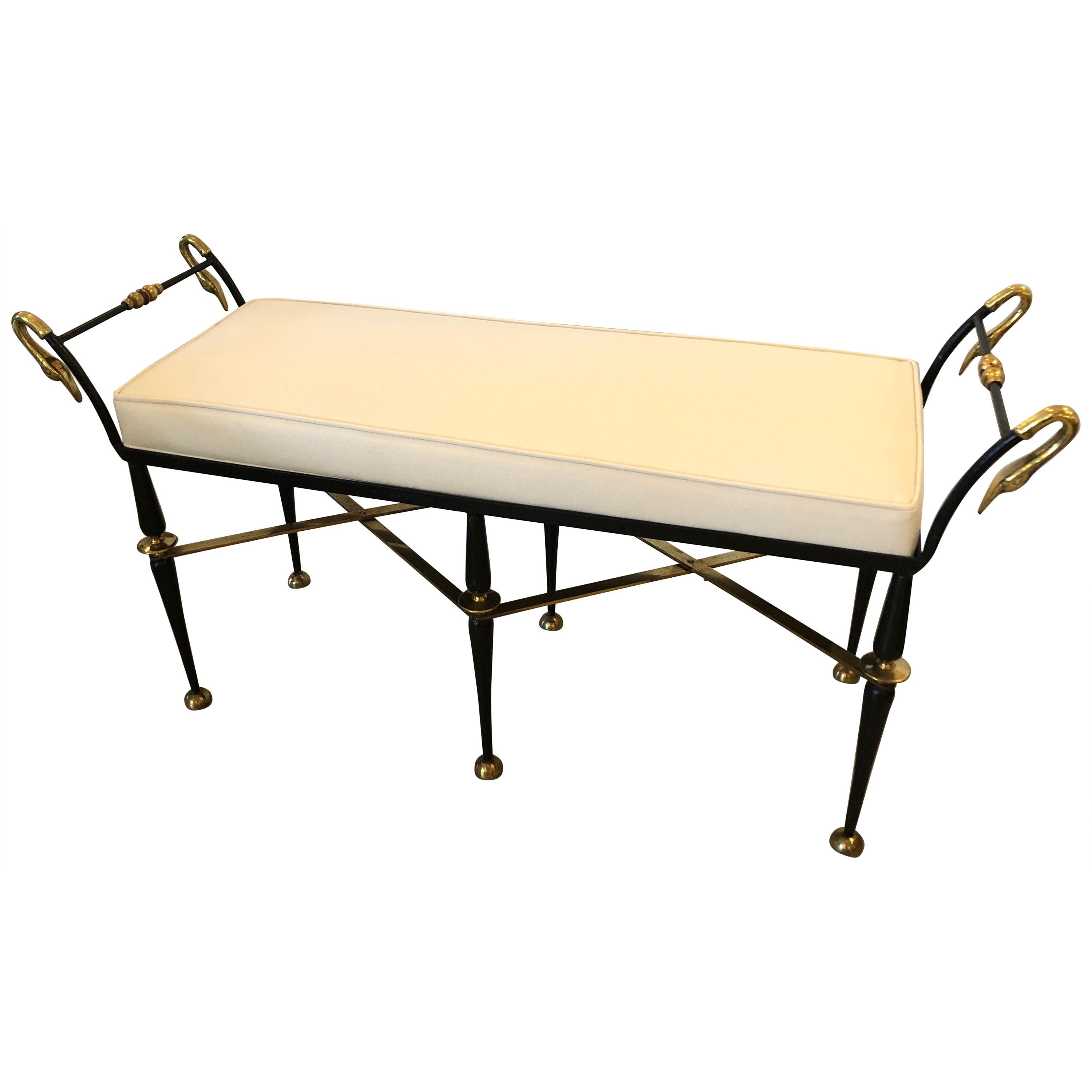 To Die for Gorgeous Neoclassical Swan Motif Black Iron and Brass Bench