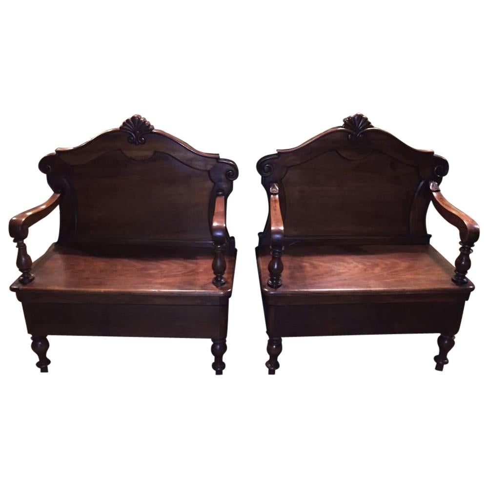 19th Century Pair of Italian Carved Walnut Benches, 1890s