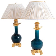 Theodore Deck, Pair of Blue Porcelain Lamps, circa 1880