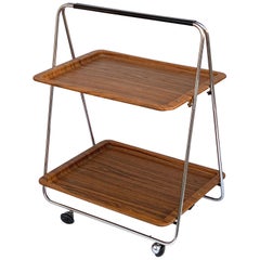 Carrito de bar plegable de plástico imitación madera y metal cromado de Robex, Italia, años 70