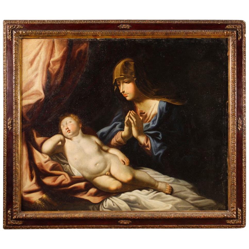 17th Century Oil on Canvas Religious Italian Painting Virgin with Child, 1680