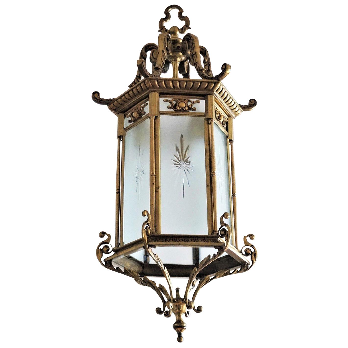 Grande lanterne de style Régence du 19ème siècle en bronze et verre taillé