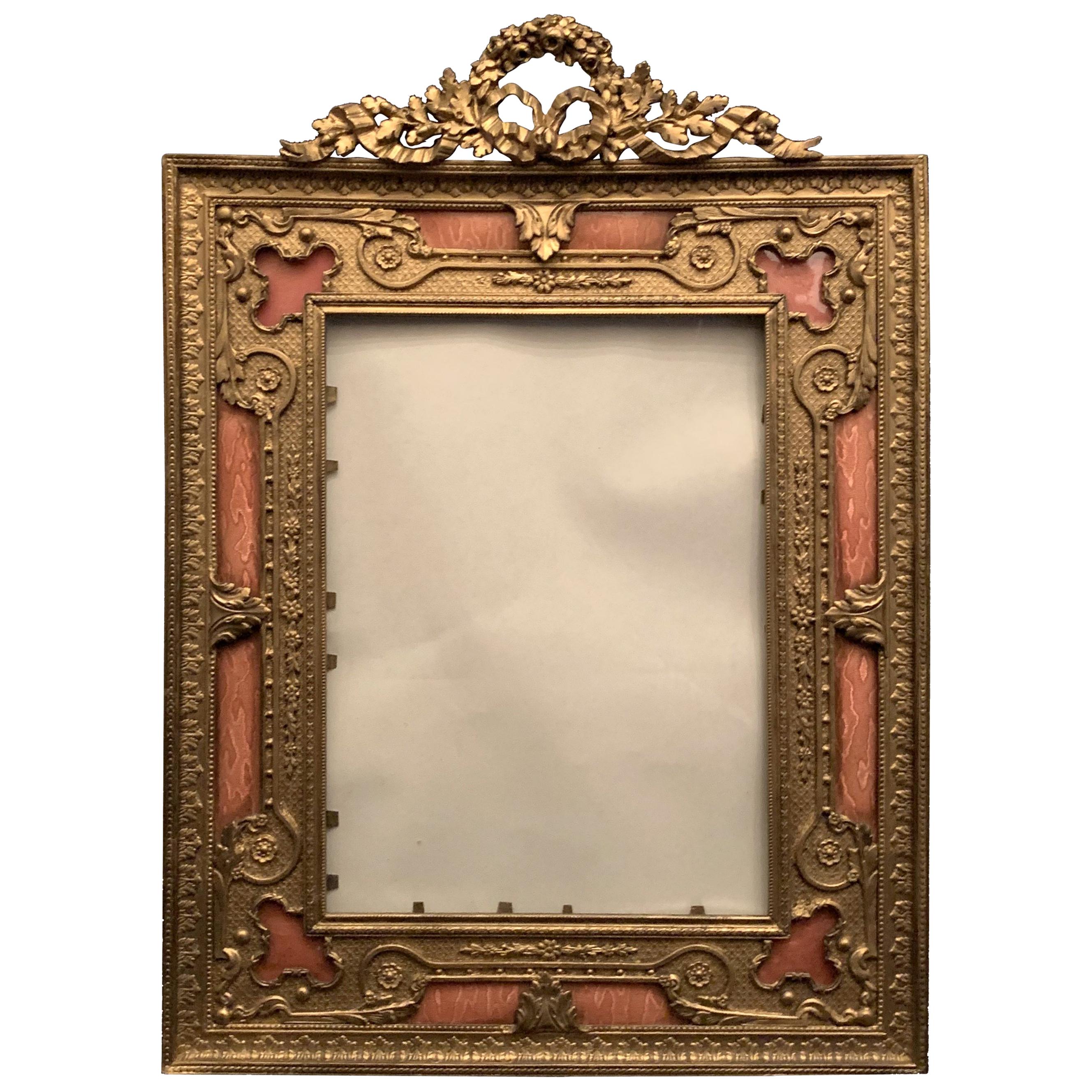 Wonderful French Gilt Bronze Salmon Pink Enamel Bow Top Picture Frame