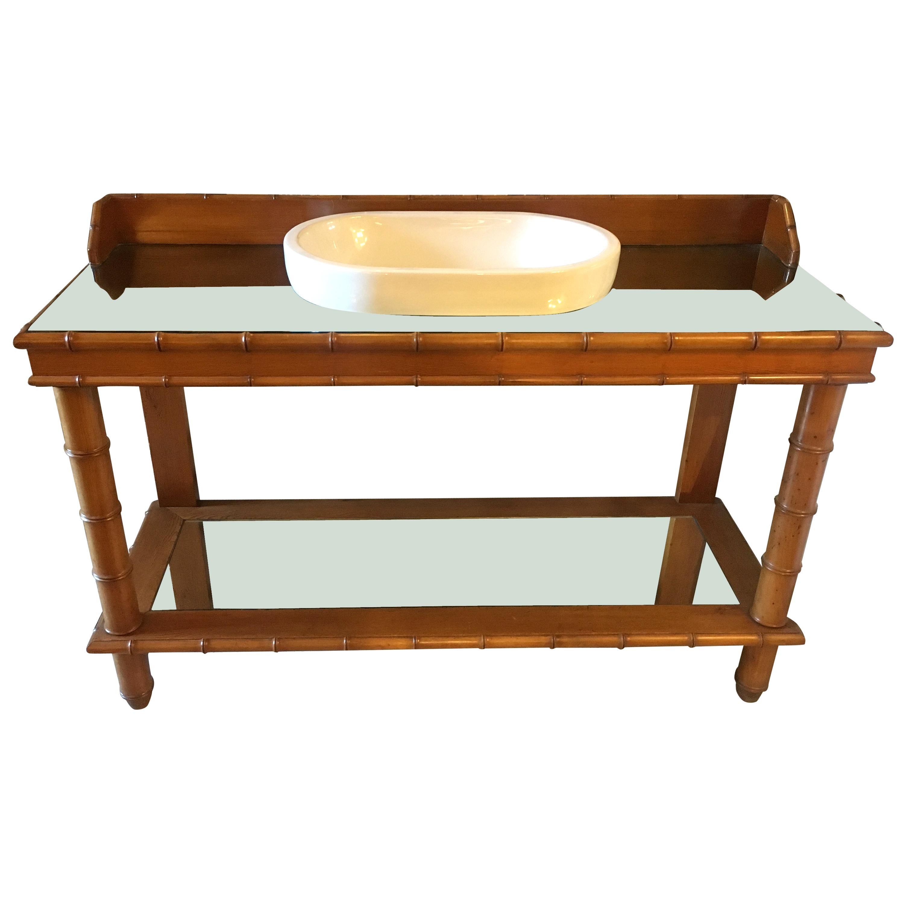 Mid-Century Modern French Faux Bamboo Cupboard Sink with Mirror Top, 1920s For Sale