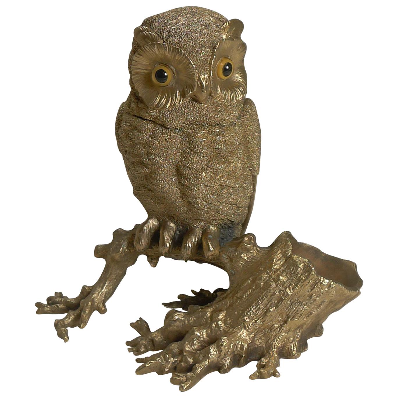 Antique English Gilded Bronze Novelty Inkwell, Owl with Glass Eyes, circa 1890