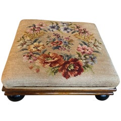 Antique Authentic Late 19th Century Tabouret Foot Stool Flower Tapestry Round Legs