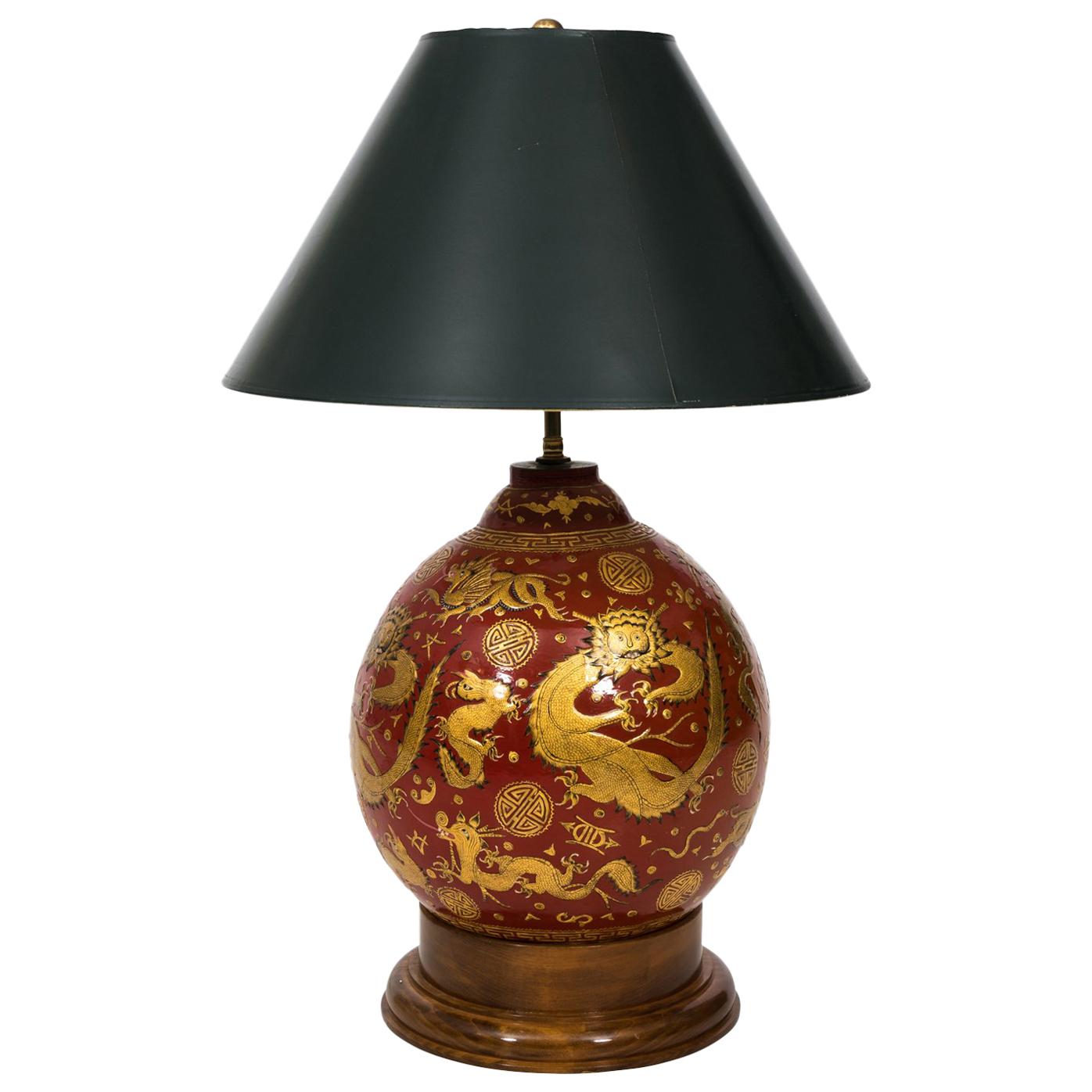 Red Lacquered Chinese Lamp For Sale