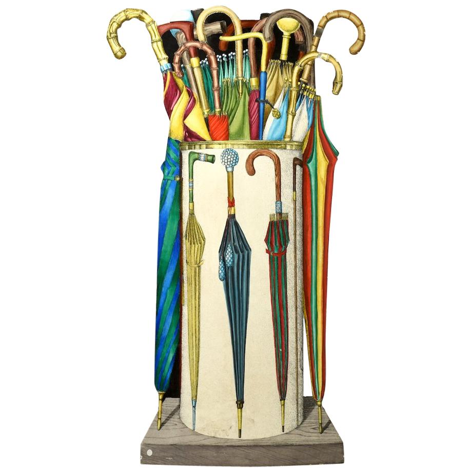 Piero Fornasetti Umbrella Stand Fornasetti Italy 1950s Print over Enameled Steel For Sale