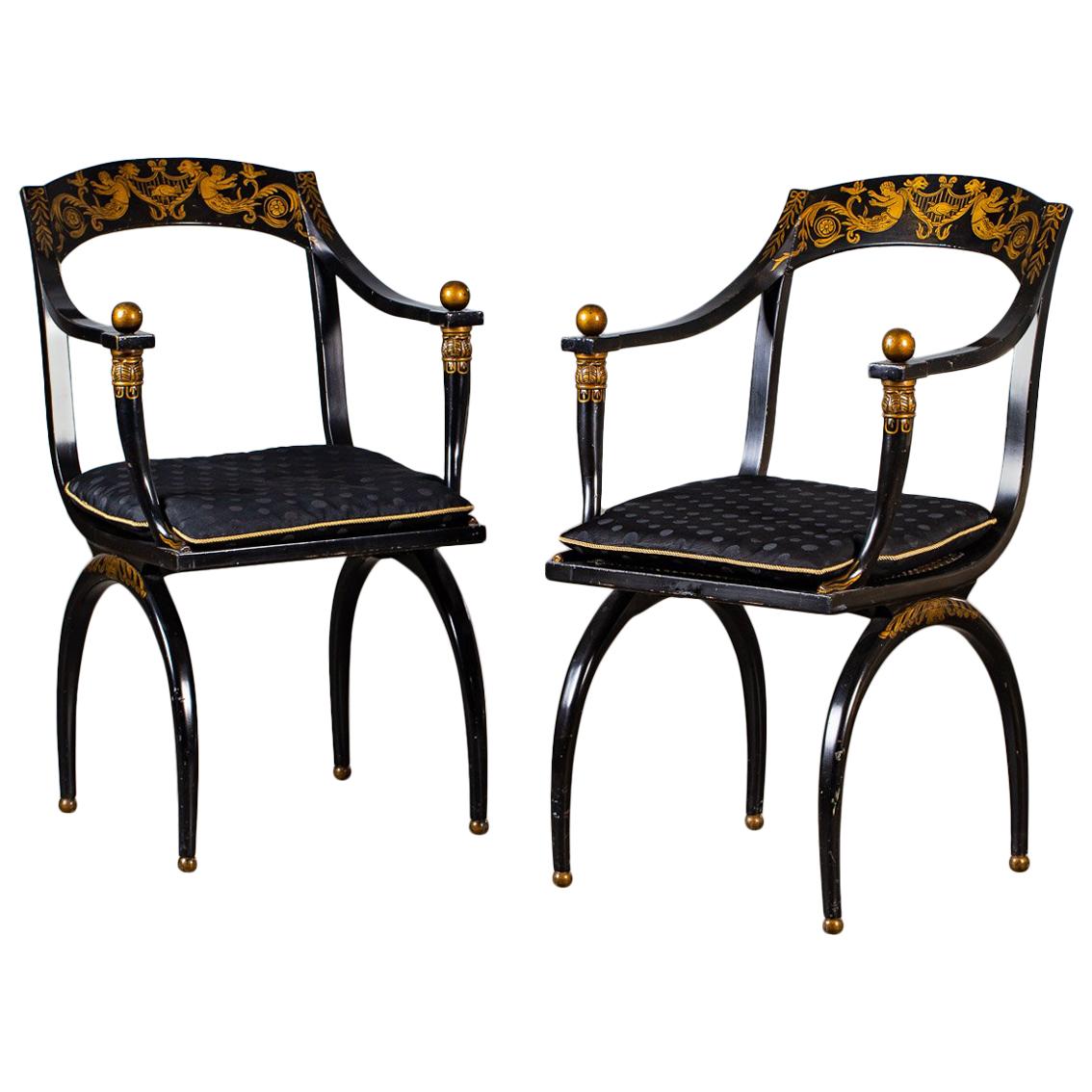 Pair of Vintage French Empire Chapuis Ebonized Gilt Chairs, circa 1950 For Sale