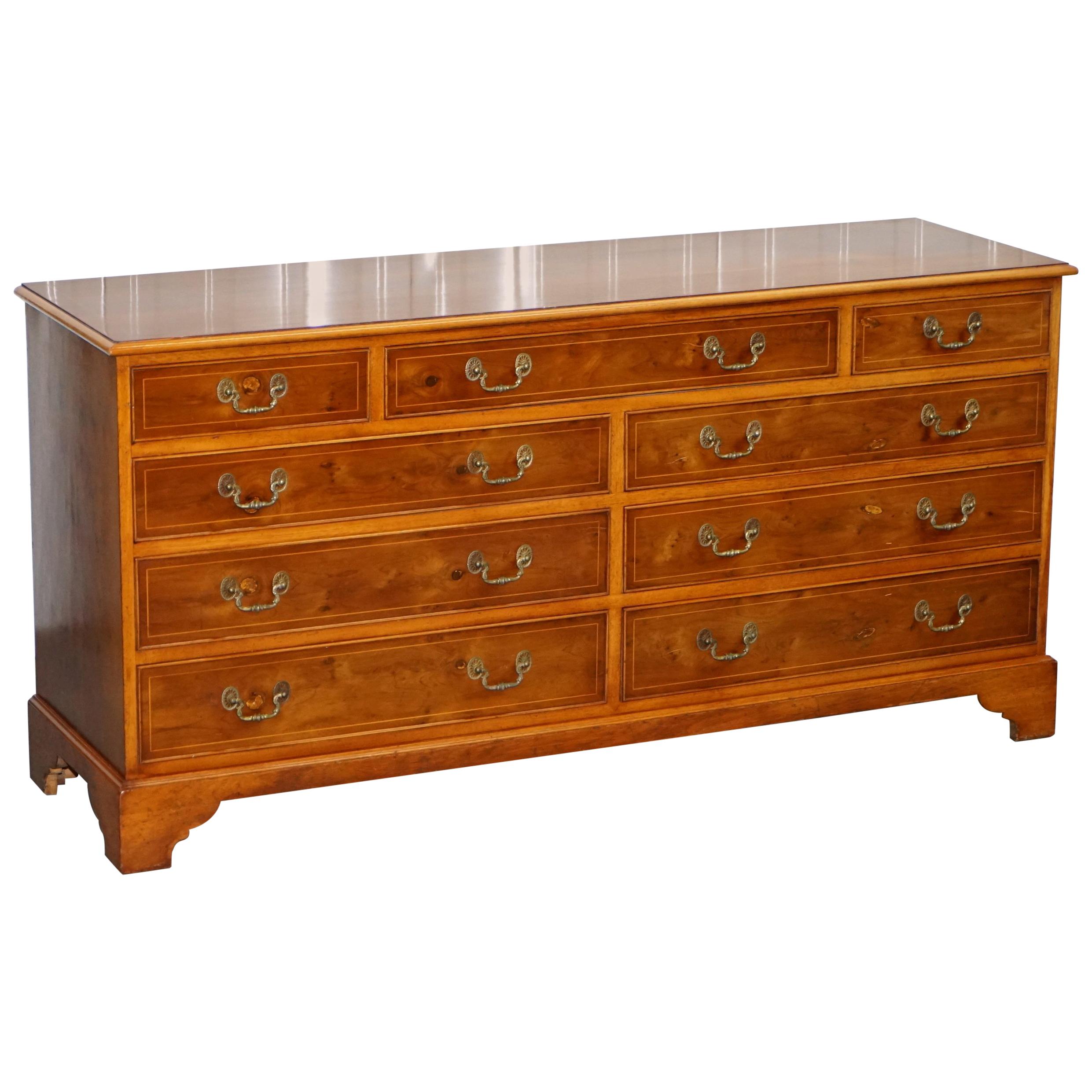 Vintage Burr Yew Wood Large Sideboard Bank of Drawers Campaign Style, England