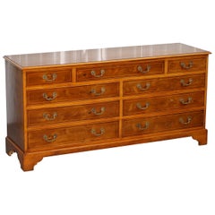 Vintage Burr Yew Wood Large Sideboard Bank of Drawers Campaign Style, England