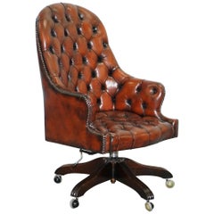 Restored Vintage Chesterfield High Back Brown Leather Directors Captains Chair