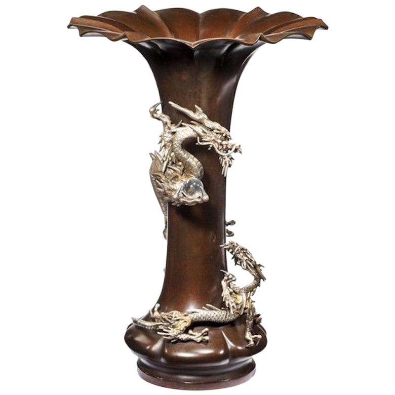 Meiji Period Bronze Trumpet Vase with a Dragon