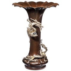 Antique Meiji Period Bronze Trumpet Vase with a Dragon