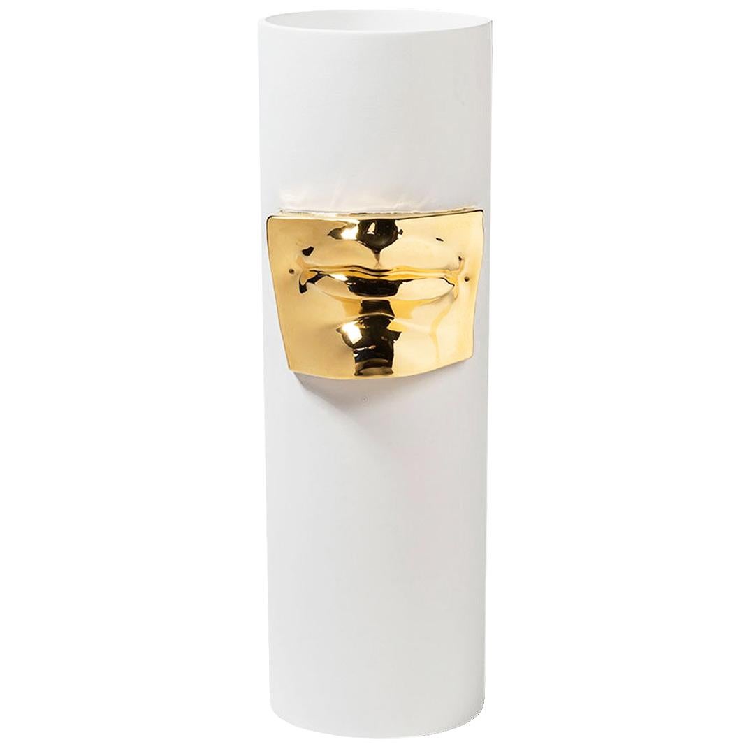 Vase 'David by Michelangelo' Mouth, White and Gold Ceramic, Italy