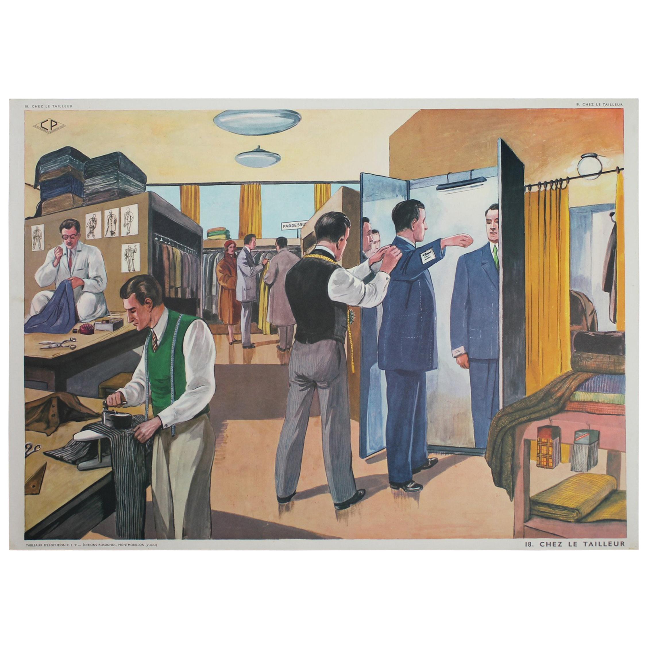 1950s, French School Chart, at the Tailor Shop, by Rossignol
