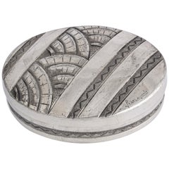 French Art Deco Oval Pewter Box with Geometric Design by Rene Delavan