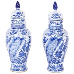 Pair of Blue and White Chinese Porcelain Lidded Urns