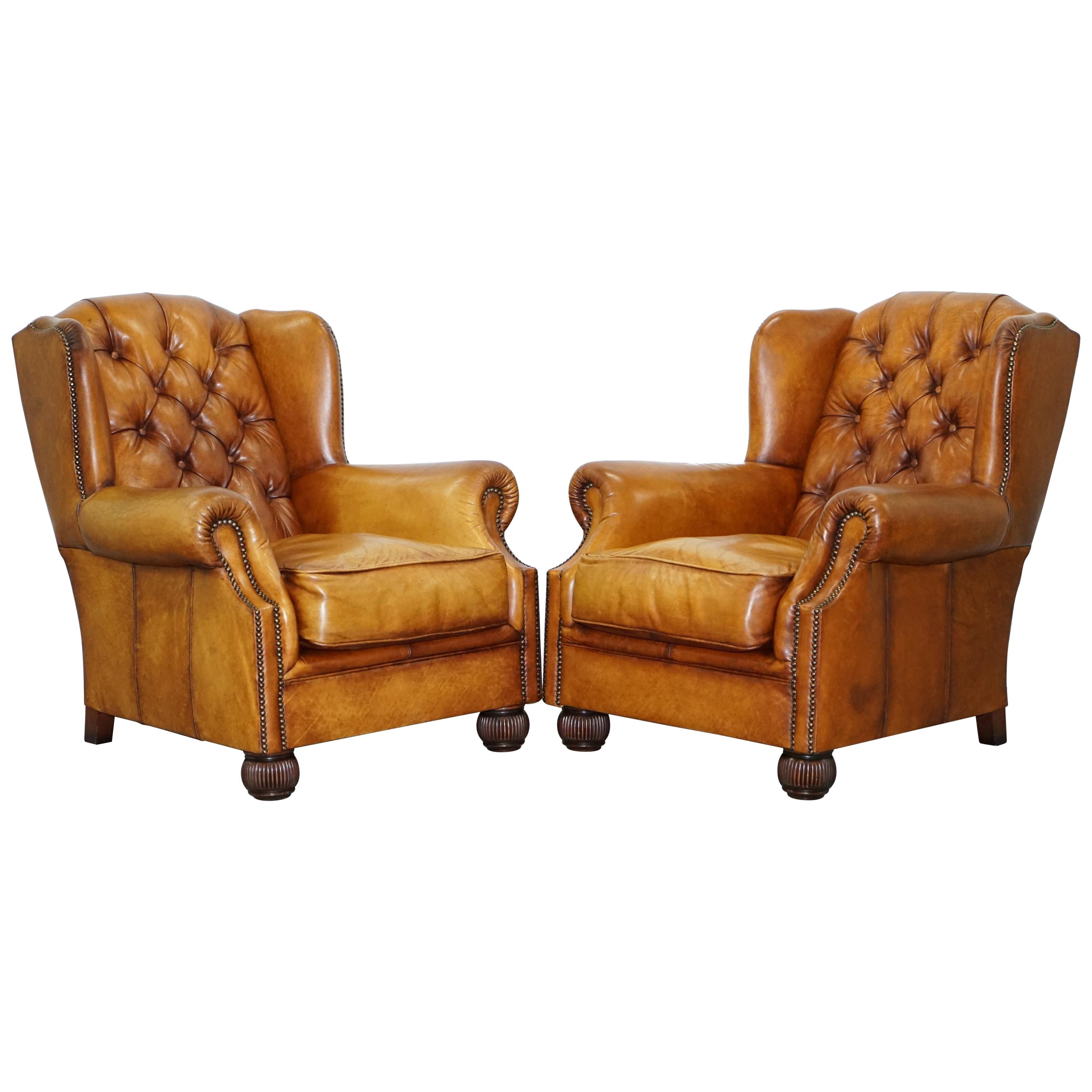 Pair of Chesterfield Tetrad Oskar Aged Tan Brown Leather Buttoned Armchairs