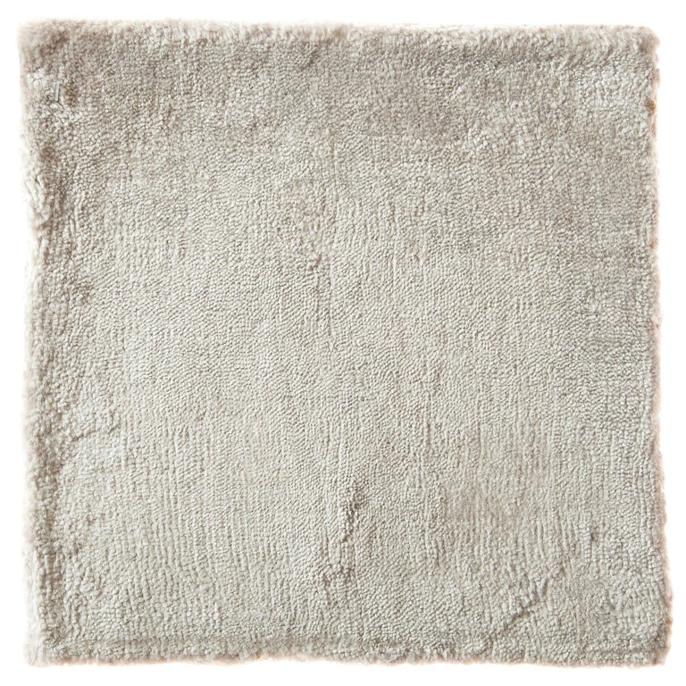 Modern Minimalist Cream Ivory and Silver Semi-Plush Hand-Loomed Bamboo ...