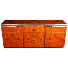 Retro Chrome and Burl Wood Credenza in the Style of Willy Rizzo, Italy, 1970