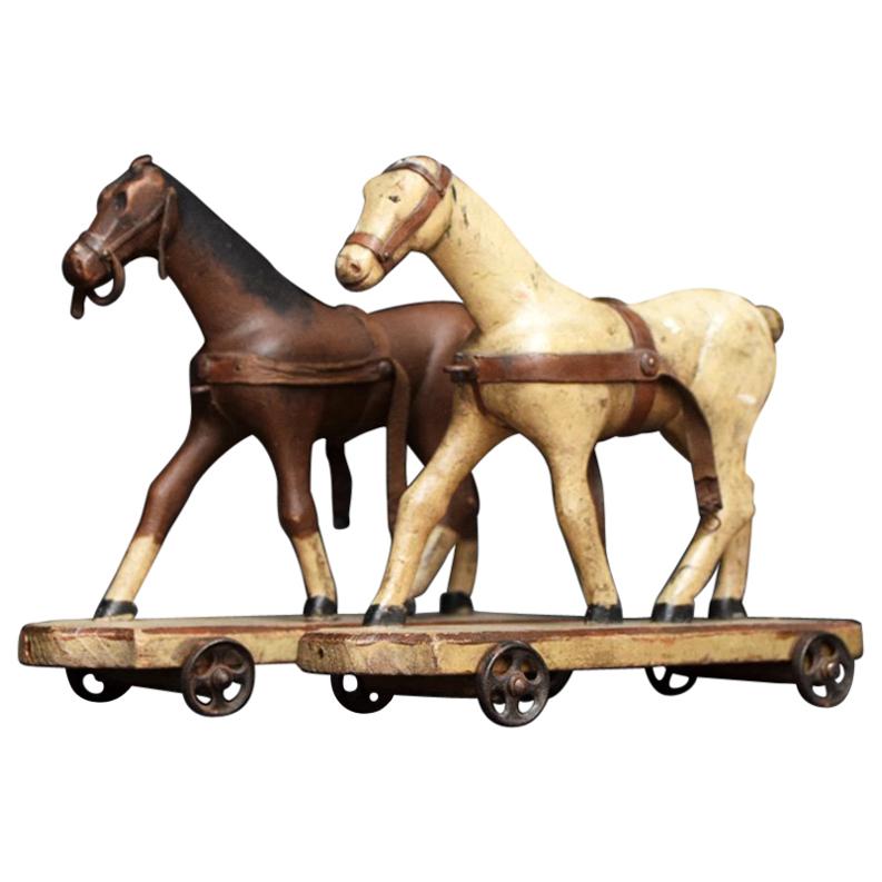 Pair of Folk Art Naïve Carved Wooden Horse and Coaches, circa 1870