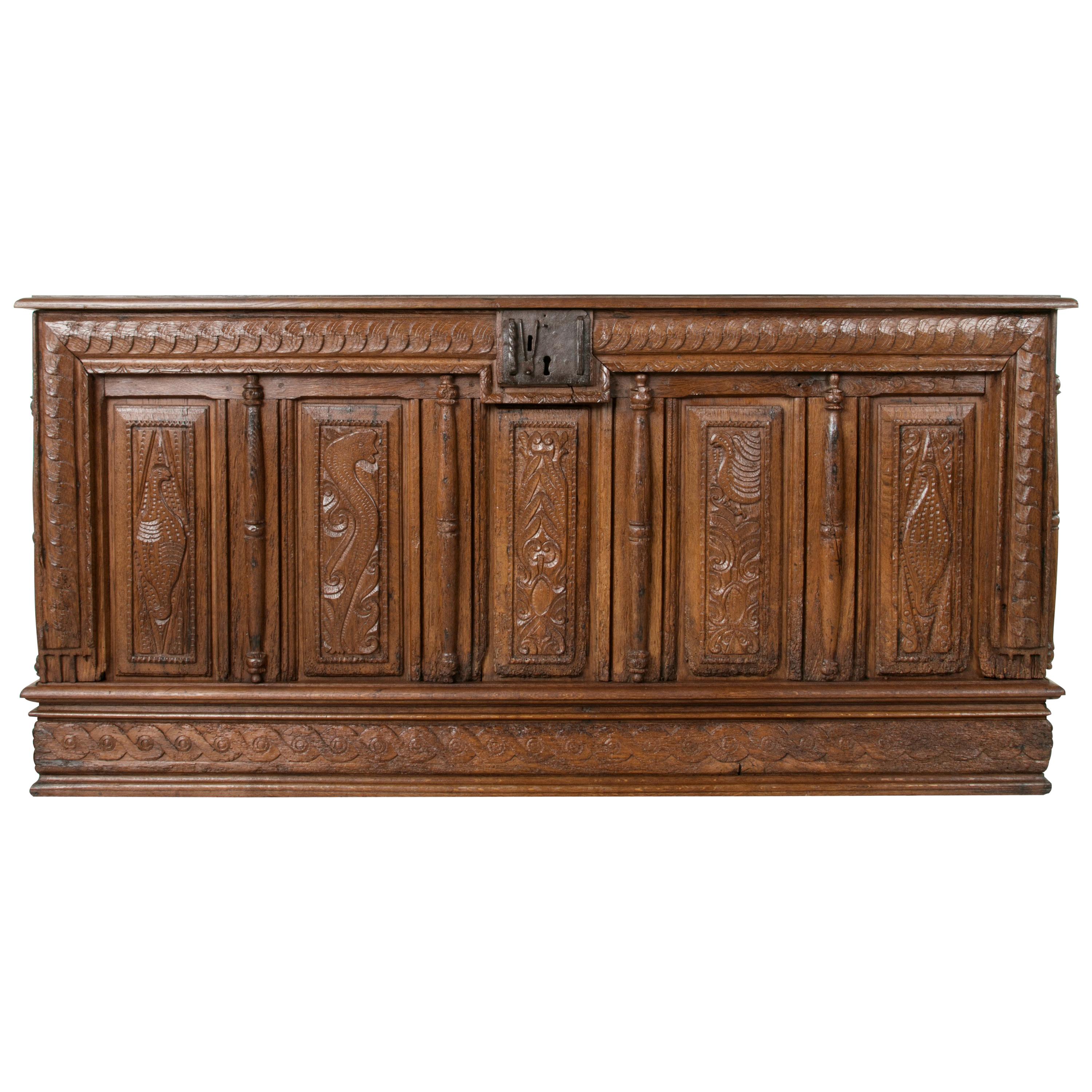 Large French Louis XIII Period Hand Carved Oak Coffer, Desk, Counter, circa 1631